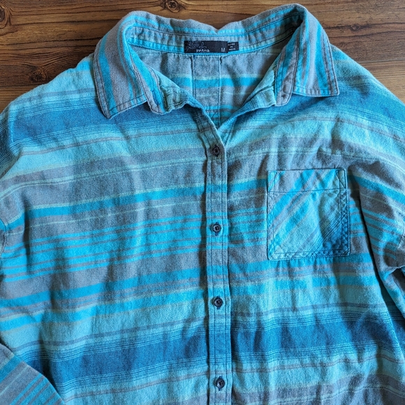PrAna Women's Striped Long Sleeve Button-Up Lightweight Blue/Green Shirt Size M - Picture 2 of 9